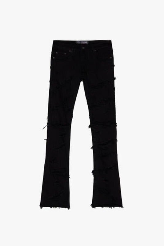 "EYEORE” BLACK STACKED FLARE JEAN