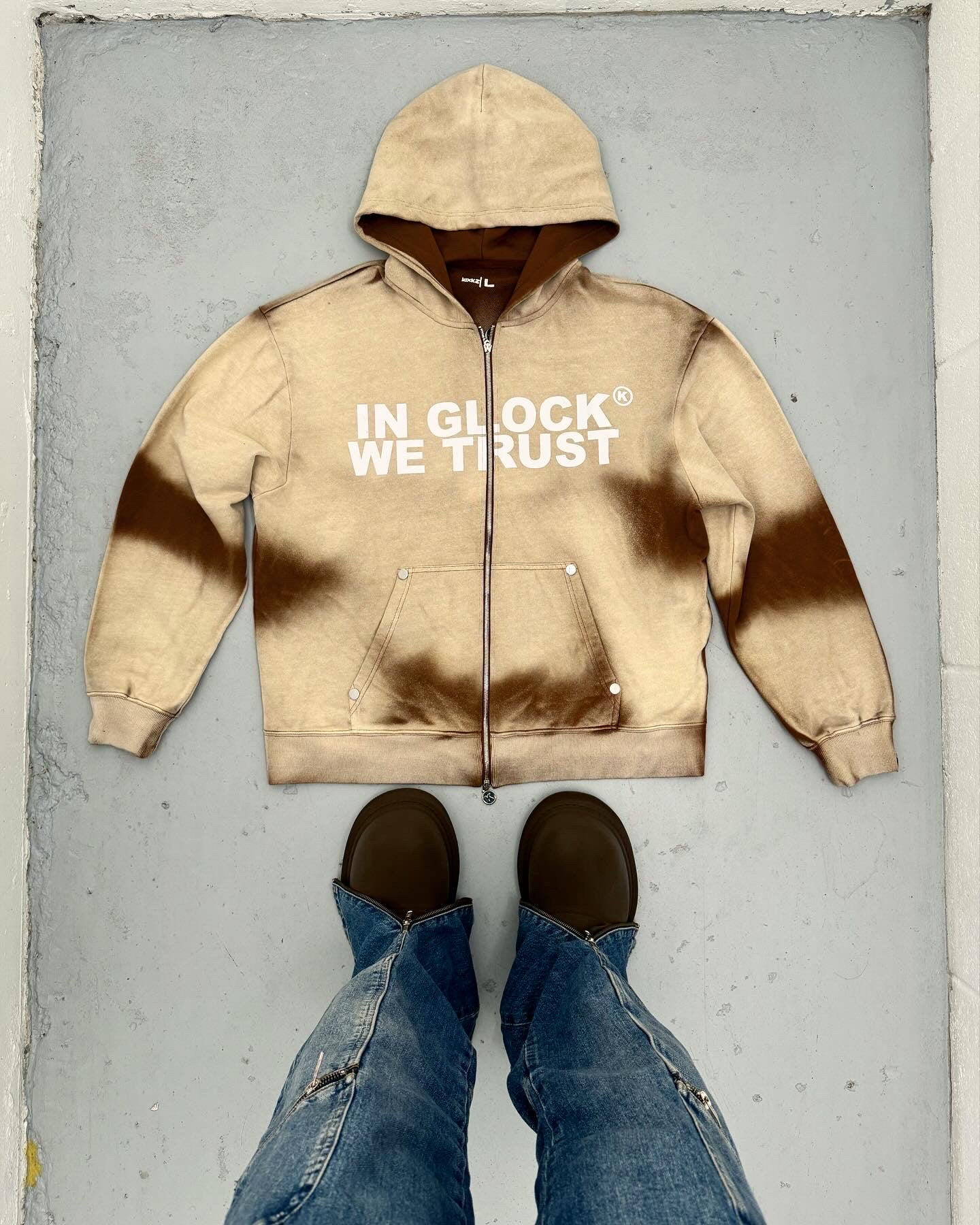 IN GLOCK WE TRUST ZIP UP HOODIE (MOCHA)