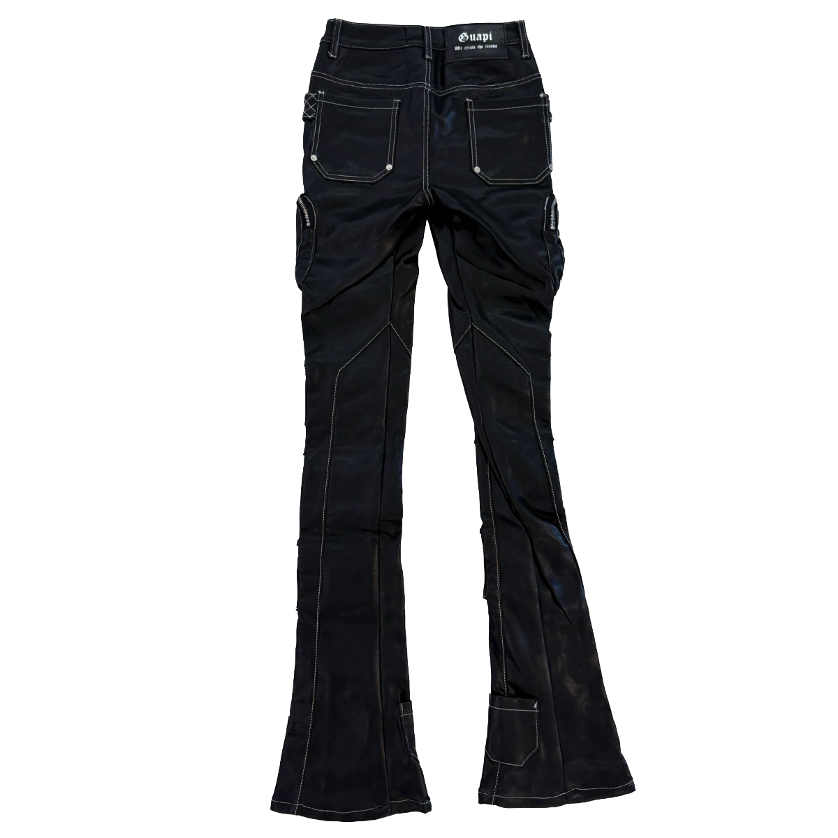 GUAPI OBSIDIAN BLACK LEATHER CARGO STACKED JEANS