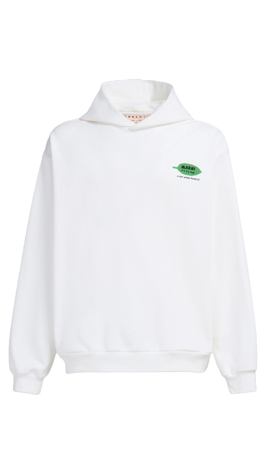 MARNI WHITE BIO COTTON HOODIE WITH WORDSEARCH FLOWER PRINT