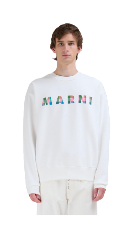 WHITE COTTON SWEATER WITH GINGHAM MARNI LOGO