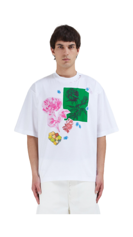 WHITE COTTON T-SHIRT WITH FLOWER PRINTS