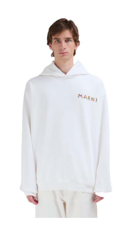WHITE ORGANIC COTTON HOODIE WITH BOUQUET MARNI LOGO