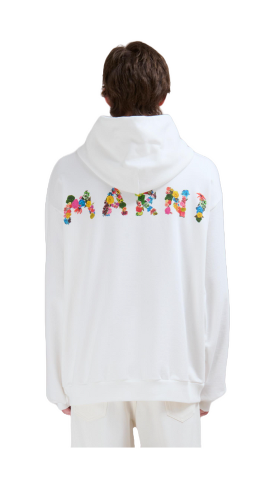WHITE ORGANIC COTTON HOODIE WITH BOUQUET MARNI LOGO