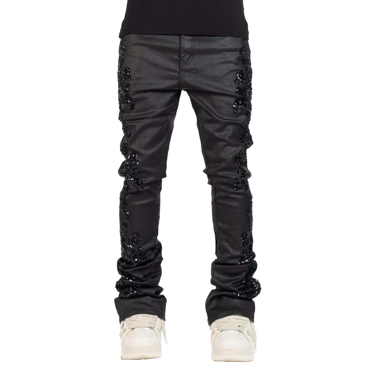 GUAPI ALL BLACK FLOWERS EMBELLISHED DENIM