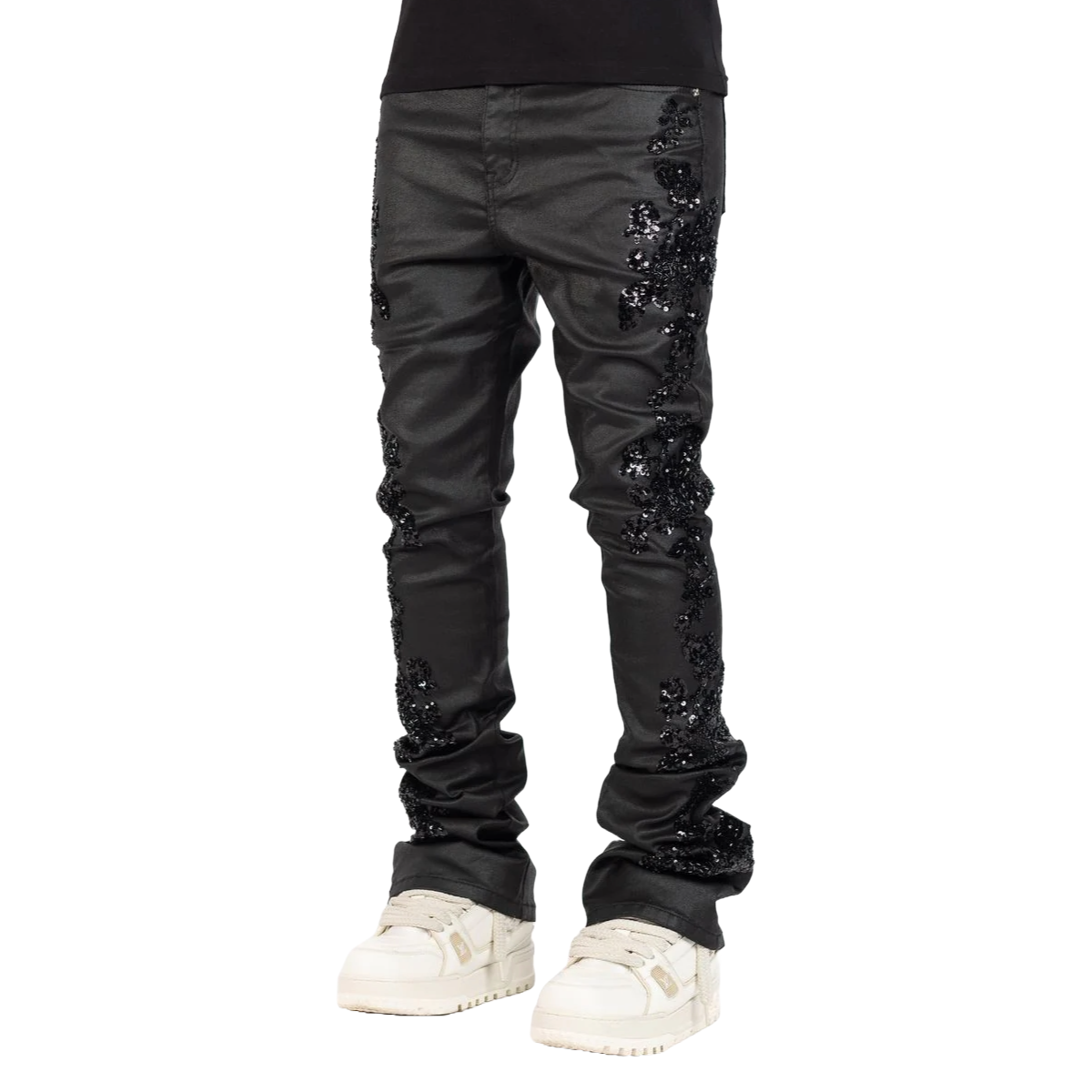 GUAPI ALL BLACK FLOWERS EMBELLISHED DENIM