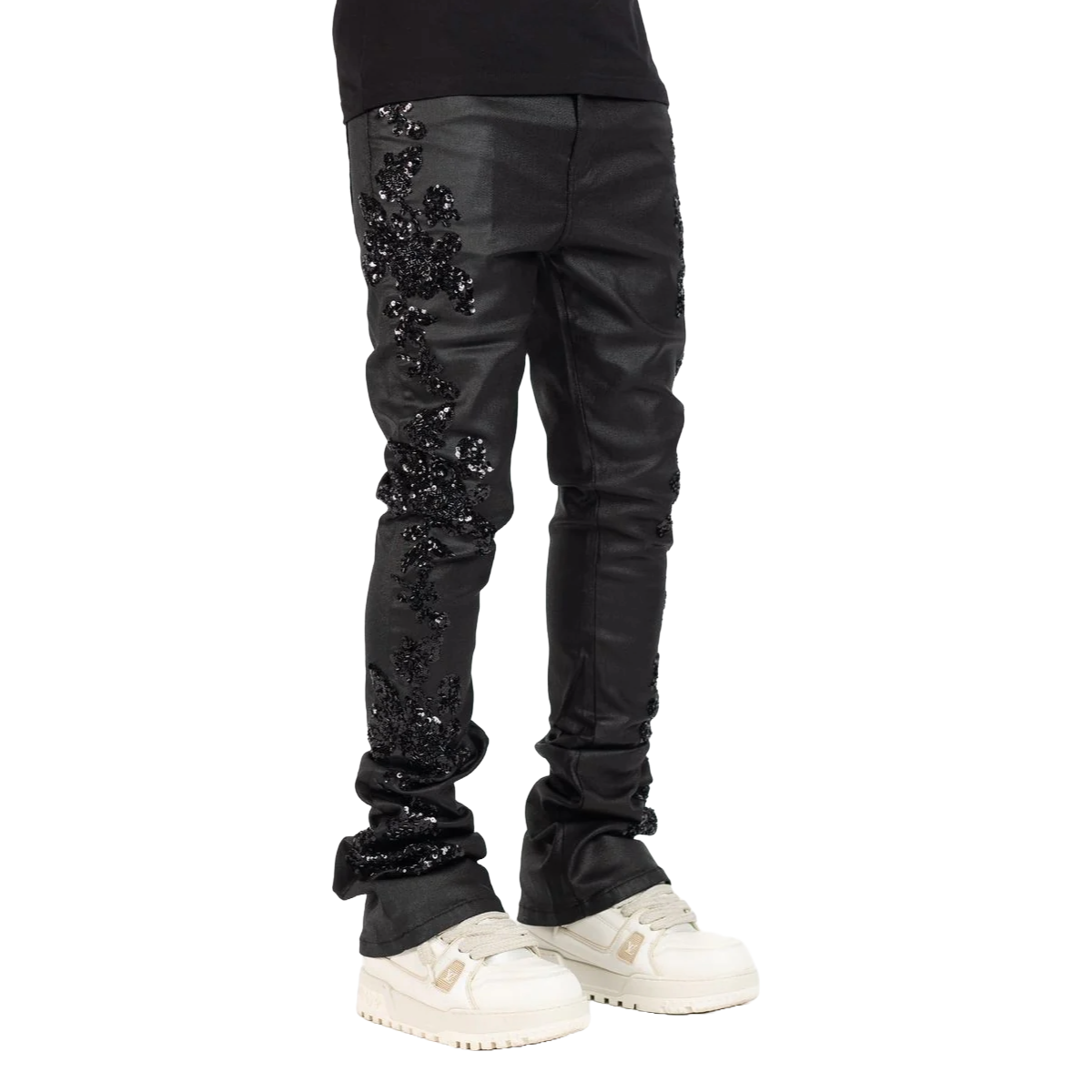 GUAPI ALL BLACK FLOWERS EMBELLISHED DENIM