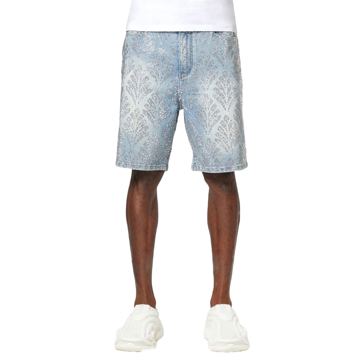 GUAPI AQUA BLUE EMBELLISHED DENIM SHORTS
