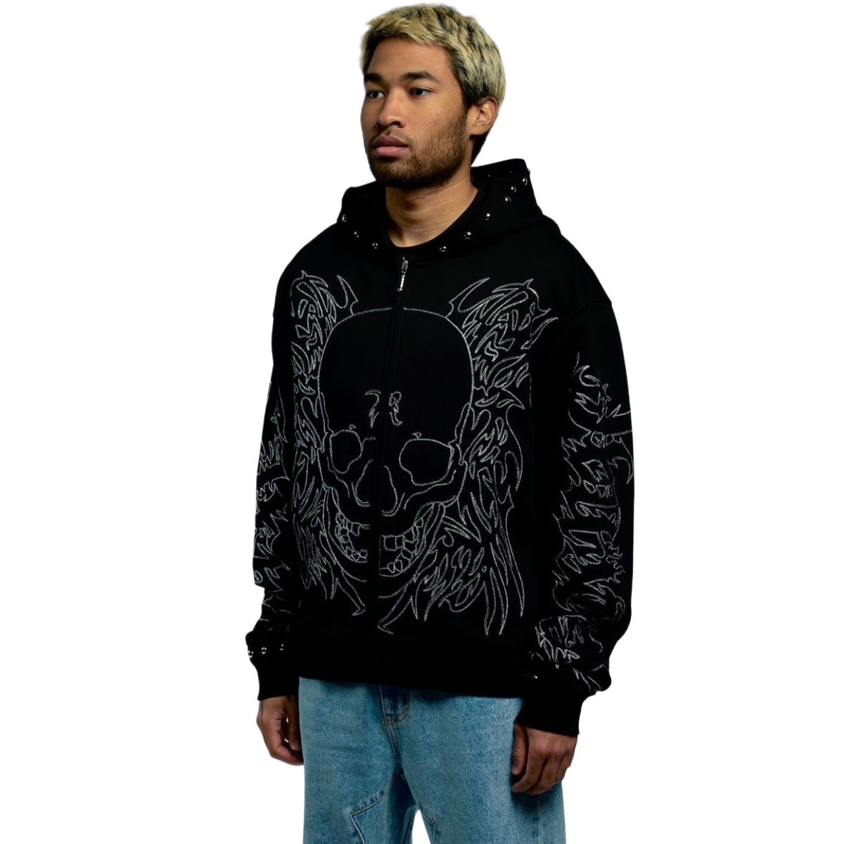 REVENGE TRIBAL SKULL STUDDED ZIP BLACK/SILVER