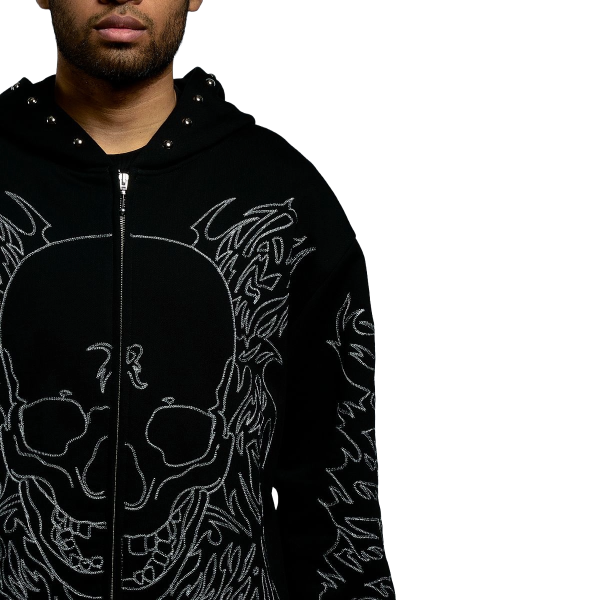 REVENGE TRIBAL SKULL STUDDED ZIP BLACK/SILVER