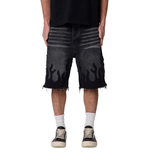 MNML 'FLAME' BAGGY DENIM JORTS (BLK)
