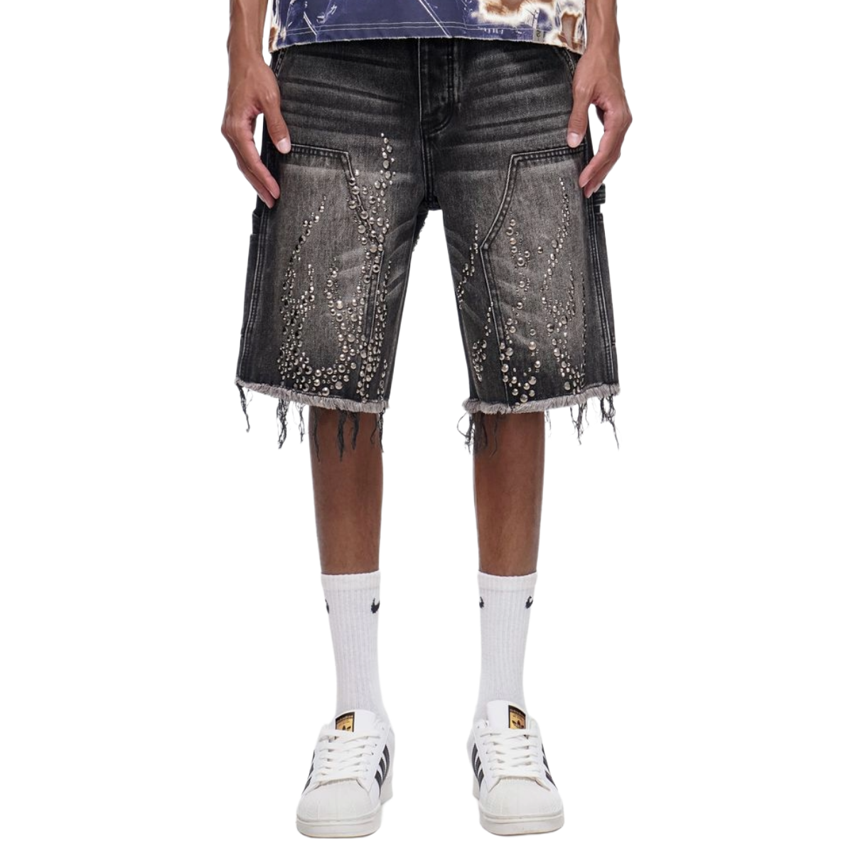 TRNCHS 'SHRAPNEL' WASHED DENIM SHORTS (BLK)
