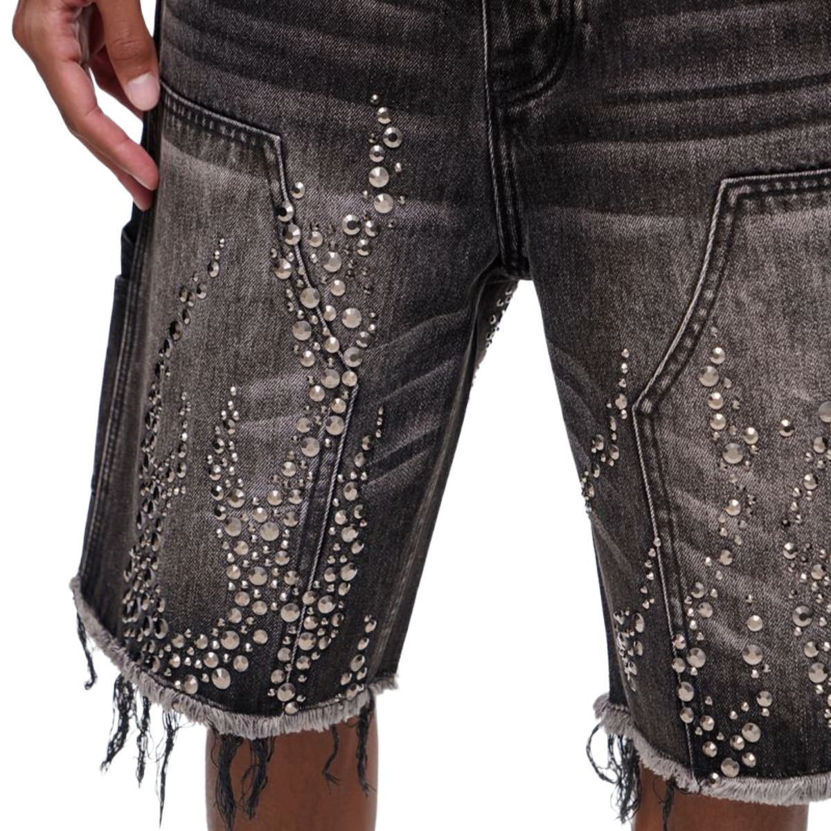 TRNCHS 'SHRAPNEL' WASHED DENIM SHORTS (BLK)