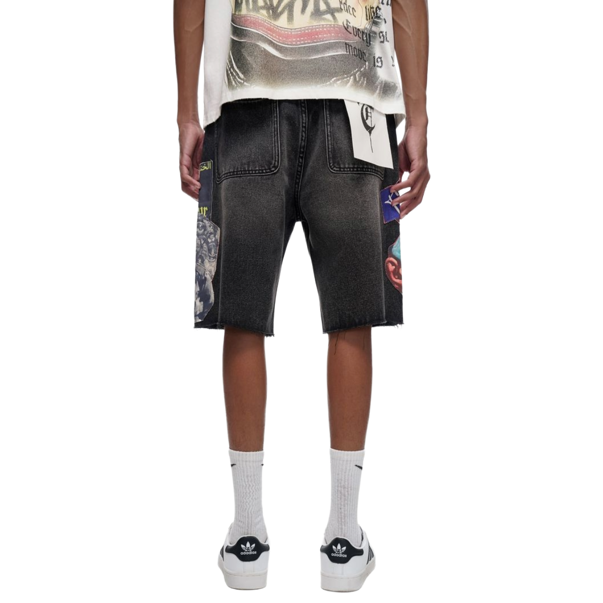 TRNCHS 'COLLAGE' WASHED DENIM SHORTS (BLK)