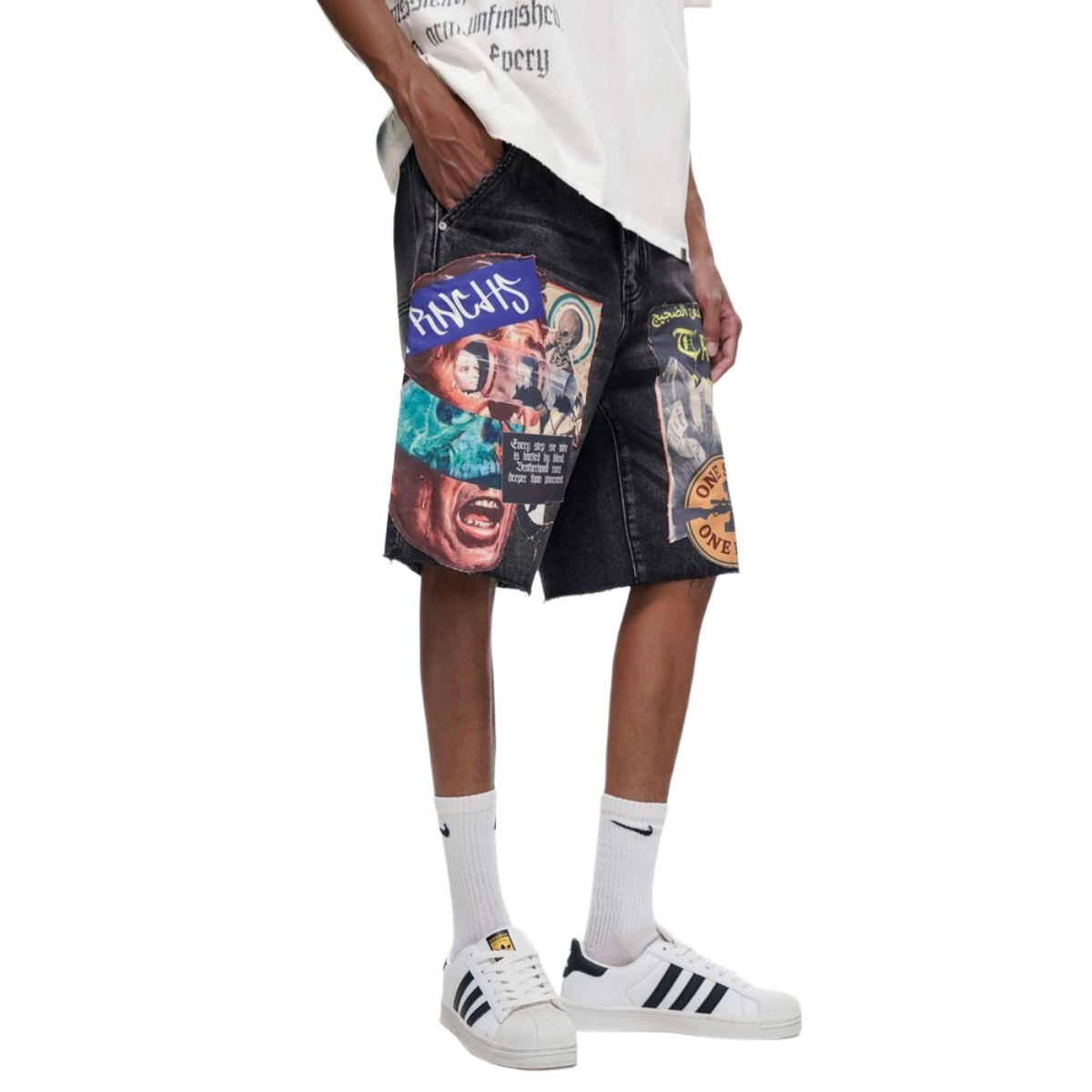 TRNCHS 'COLLAGE' WASHED DENIM SHORTS (BLK)