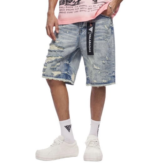 VALABASAS "CLIPPED" WASHED DENIM SHORTS (BLUE)