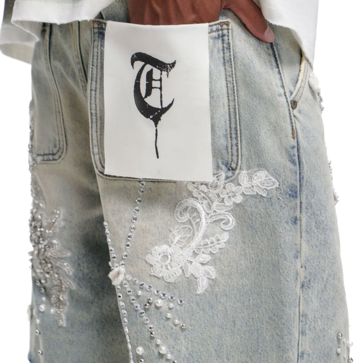 TRNCHS 'STITCHED' WASHED DENIM SHORTS (LT BLUE)