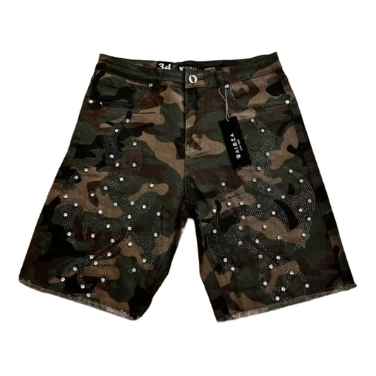WAIMEA CAMO RHINESTONE DENIM SHORTS