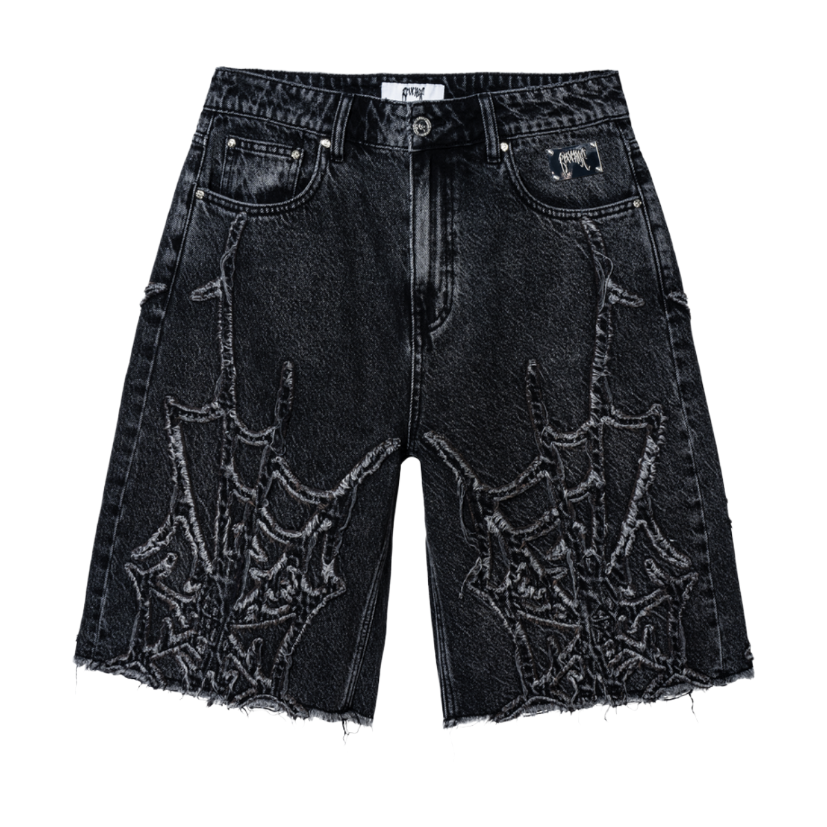 REVENGE 'SPIDER WEB' WASHED DENIM SHORTS (BLK)