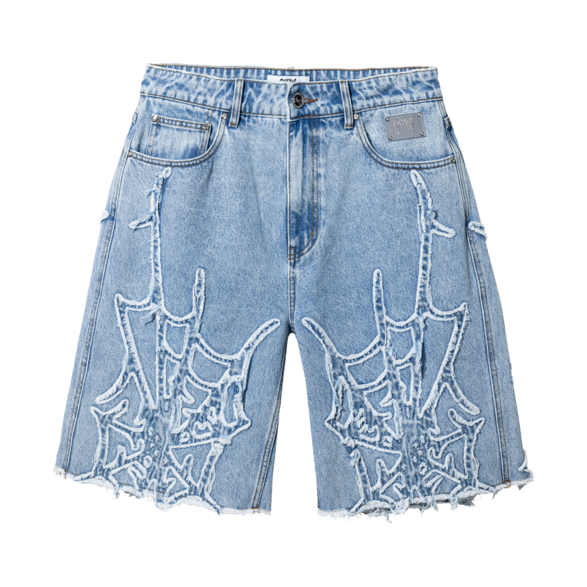 REVENGE 'SPIDER WEB' BLEACHED DENIM SHORTS