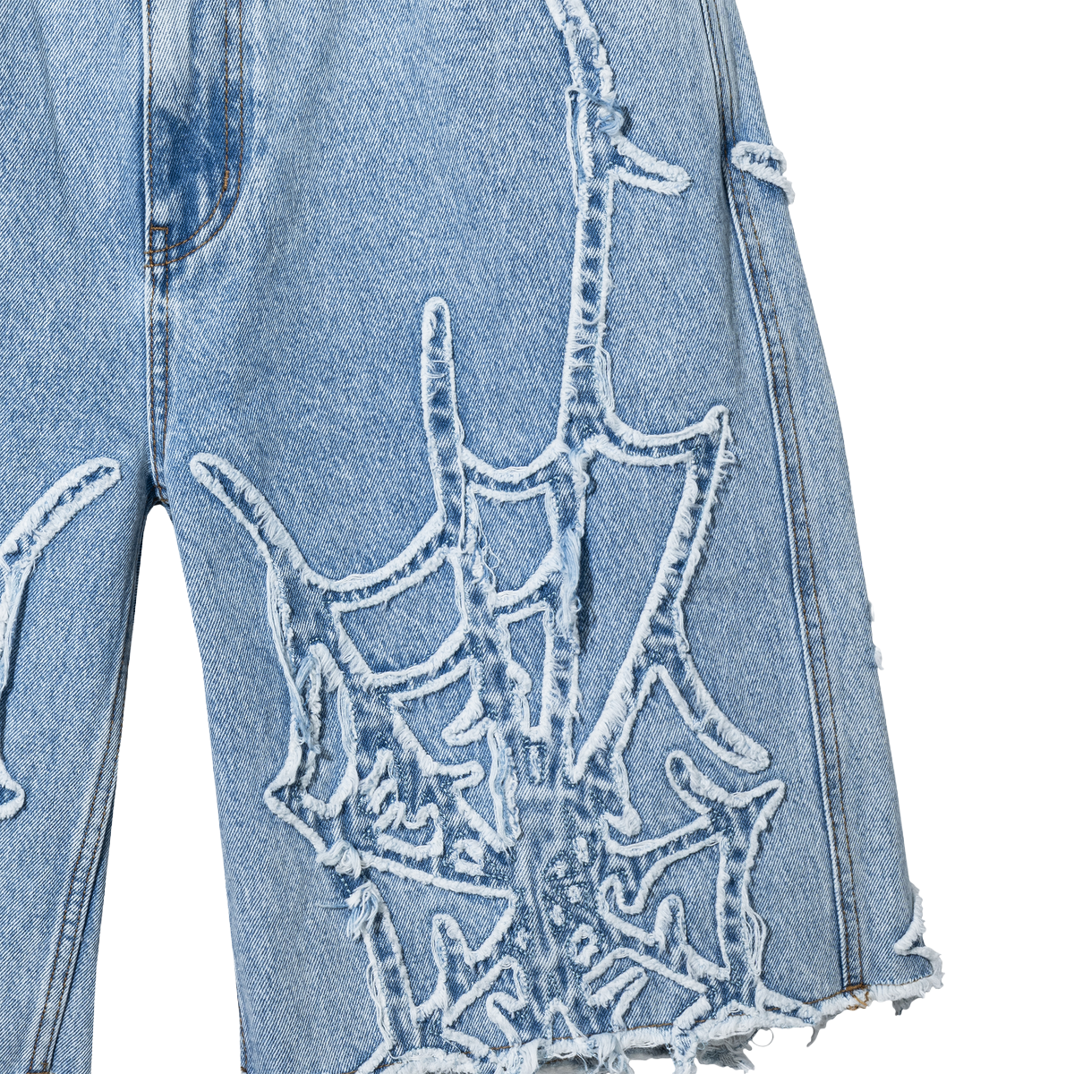 REVENGE 'SPIDER WEB' BLEACHED DENIM SHORTS