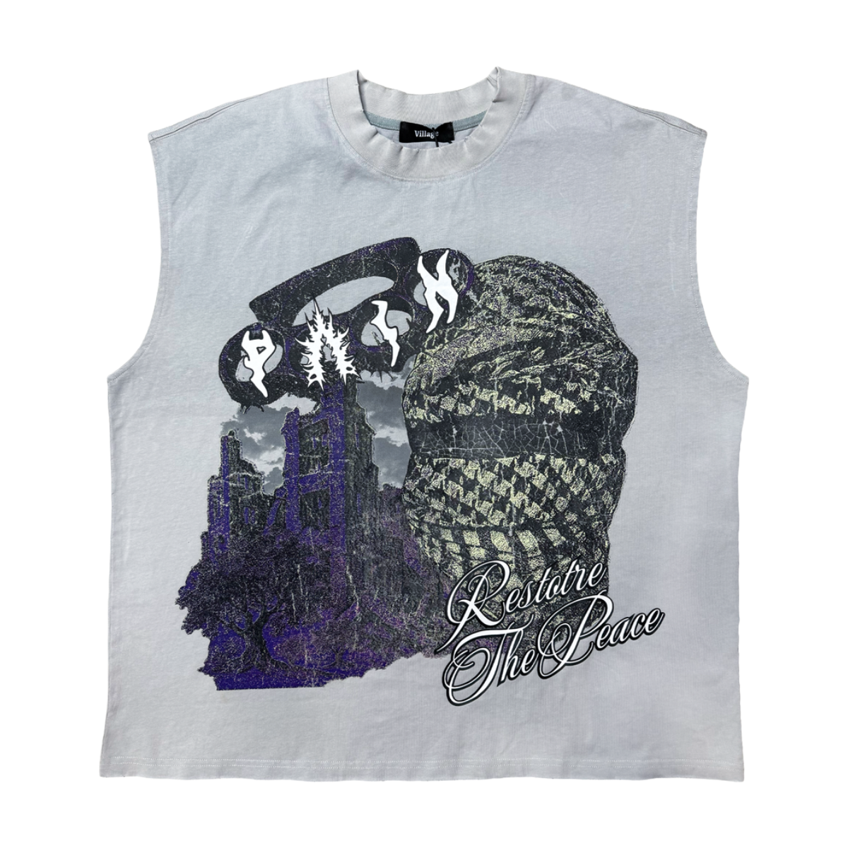 VILLAGE 'RESTORE THE PEACE' SLEEVELESS TEE (GREY)
