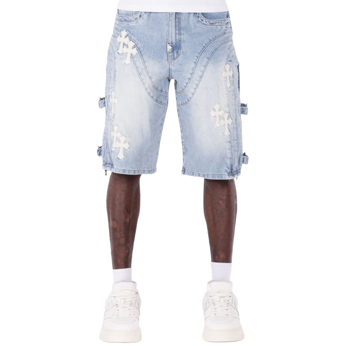 GUAPI 'CROSS BUCKLE' DENIM SHORTS (AQUA BLUE)