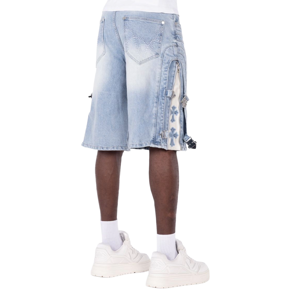 GUAPI 'CROSS BUCKLE' DENIM SHORTS (AQUA BLUE)