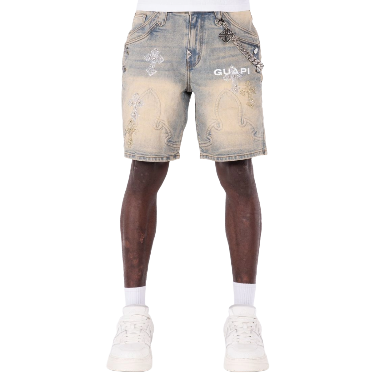GUAPI 'FADED CROSS' DENIM SHORTS (LT DRTY WASH)
