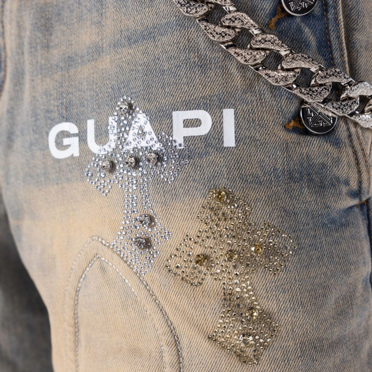 GUAPI 'FADED CROSS' DENIM SHORTS (LT DRTY WASH)