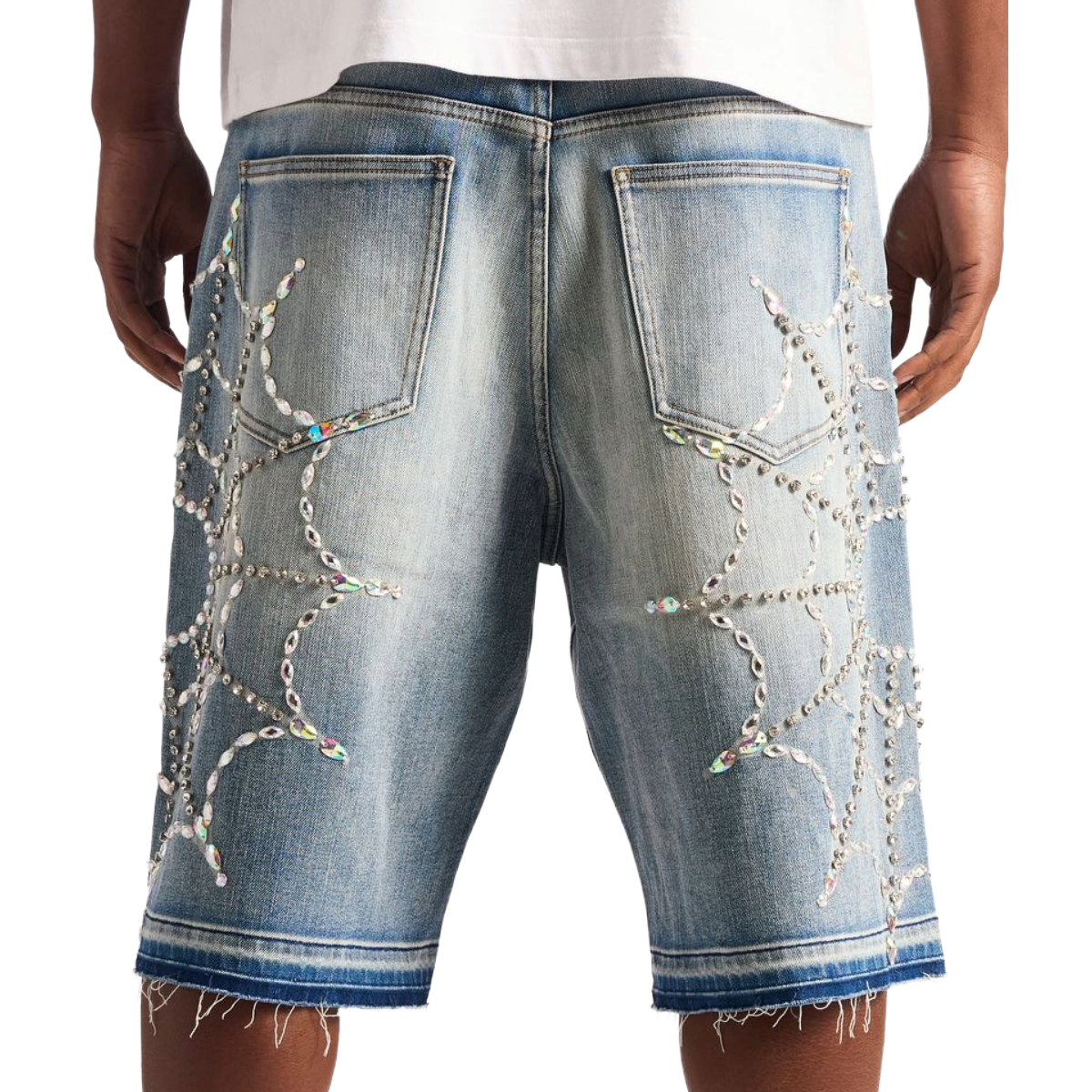 EMBELLISH 'CRYSTAL WEB' DENIM SHORTS (BLUE)