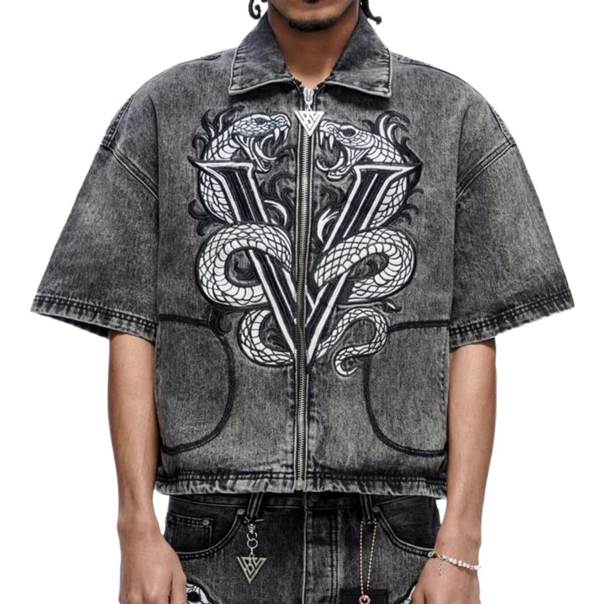 VALABASAS 'FROSTSCALE' DENIM SS ZIP-UP (GREY WASH)