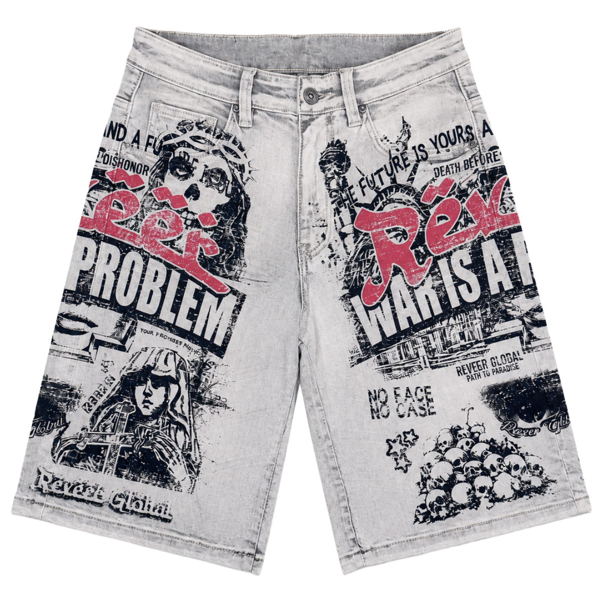 REVEER 'WAR IS A PROBLEM' DENIM SHORTS (LT WASH)
