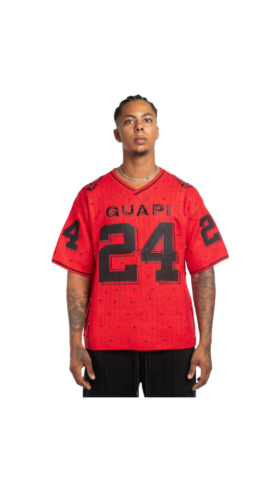 GUAPI CRIMSON RED "EMBELLISHED" FOOTBALL TEE