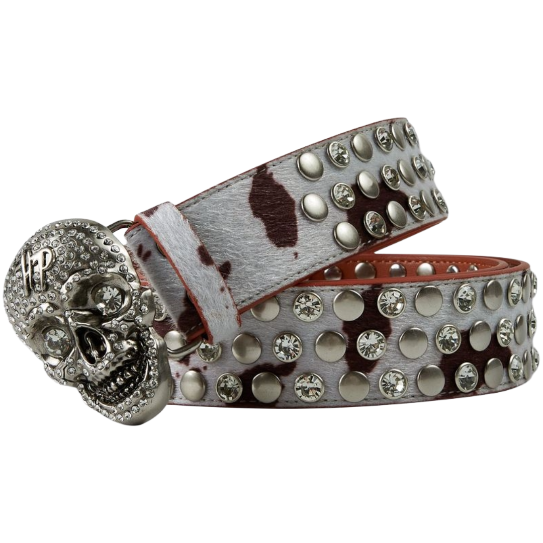 HP - COW PRINT SKULL BELT - CREAM BROWN