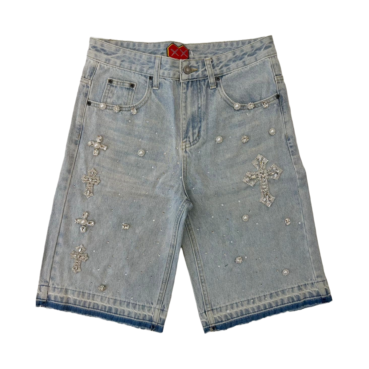 GC OG BLUE DENIM JORTS - RAW EDGE/ EMBELLISHED