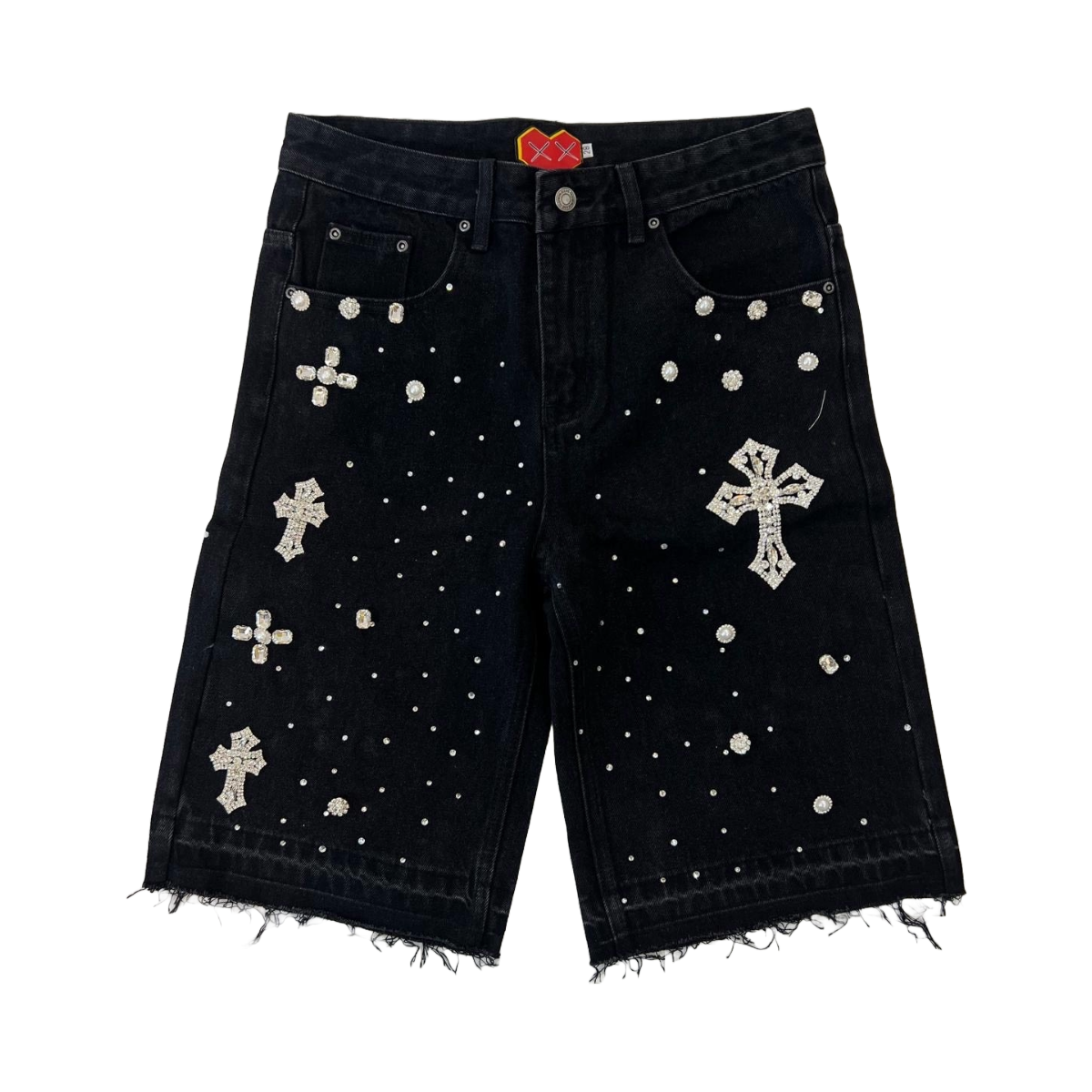 GC OG BLACK DENIM JORTS - RAW EDGE/ EMBELLISHED