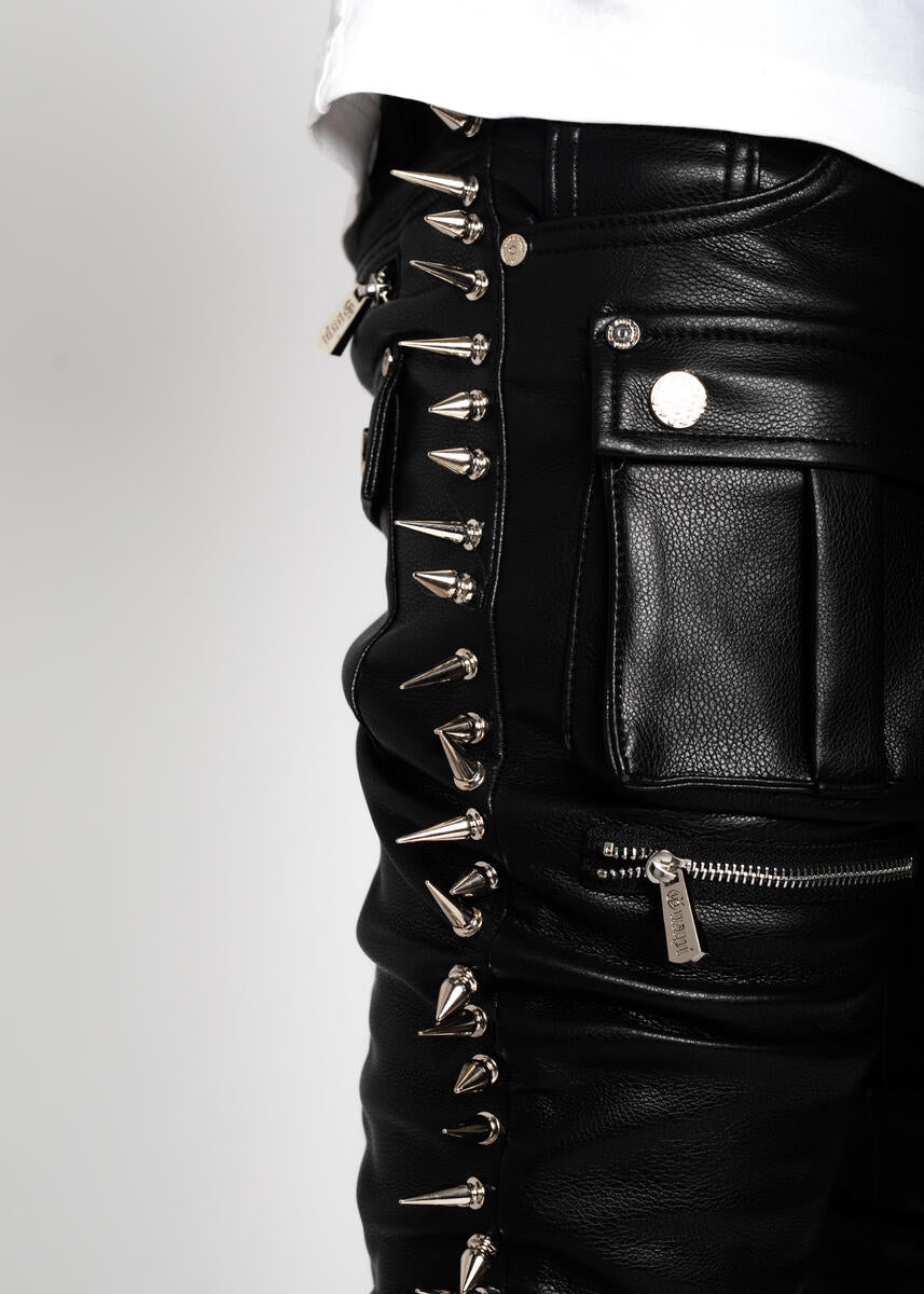 GUAPI OBSIDIAN BLACK LEATHER SPIKES STACKED DENIM