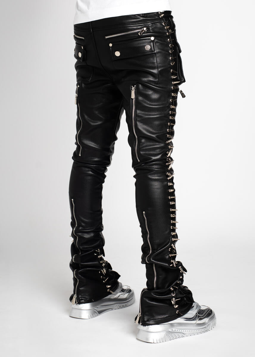 GUAPI OBSIDIAN BLACK LEATHER SPIKES STACKED DENIM