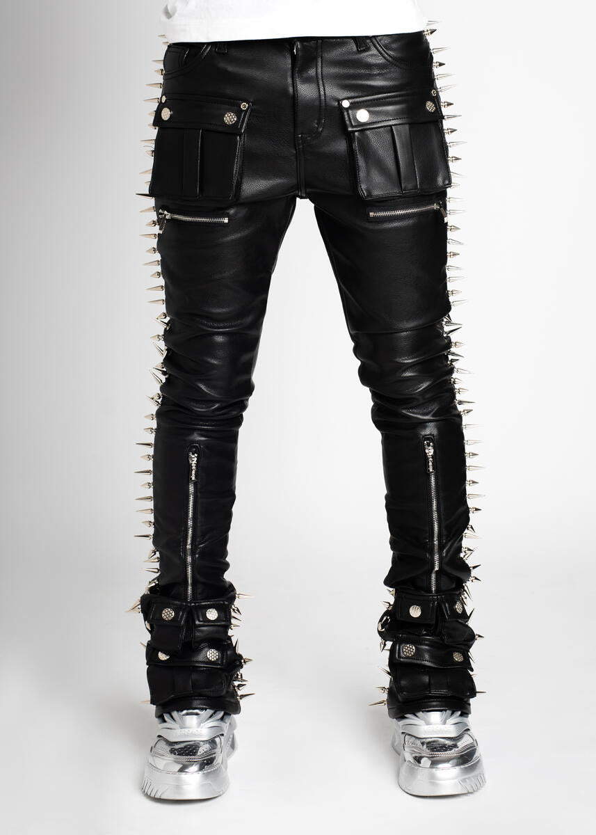 GUAPI OBSIDIAN BLACK LEATHER SPIKES STACKED DENIM