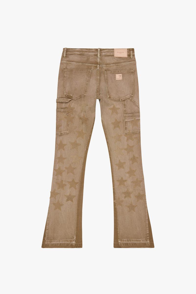 VALABASAS "V-STARS” DARK GREY WASH/ DIRTY BROWN STACKED FLARE JEAN