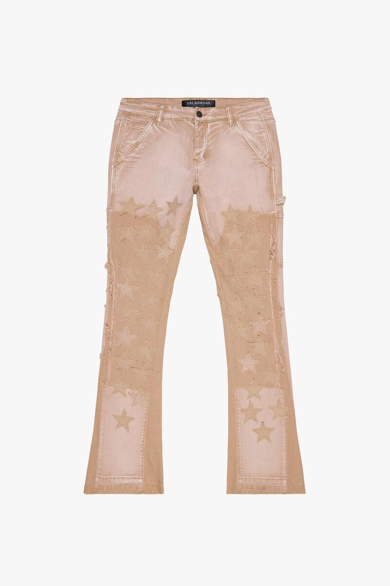 VALABASAS "V-STARS” LIGHT BROWN WASH/KHAKI STACKED FLARE JEAN