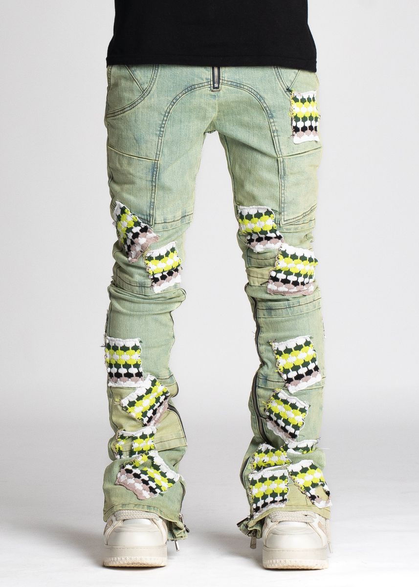 GUAPI SLIME GREEN KNIT PATCHES DENIM