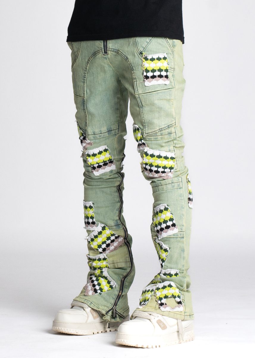 GUAPI SLIME GREEN KNIT PATCHES DENIM