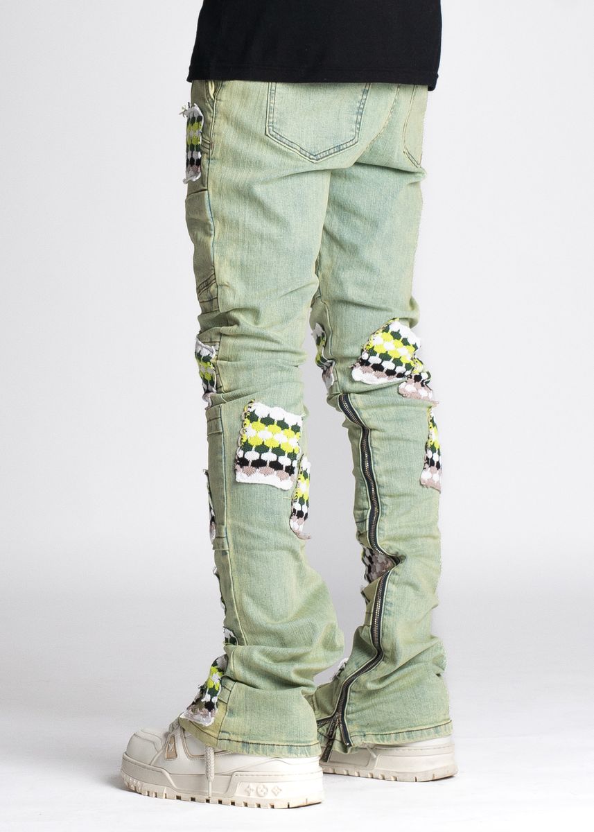 GUAPI SLIME GREEN KNIT PATCHES DENIM