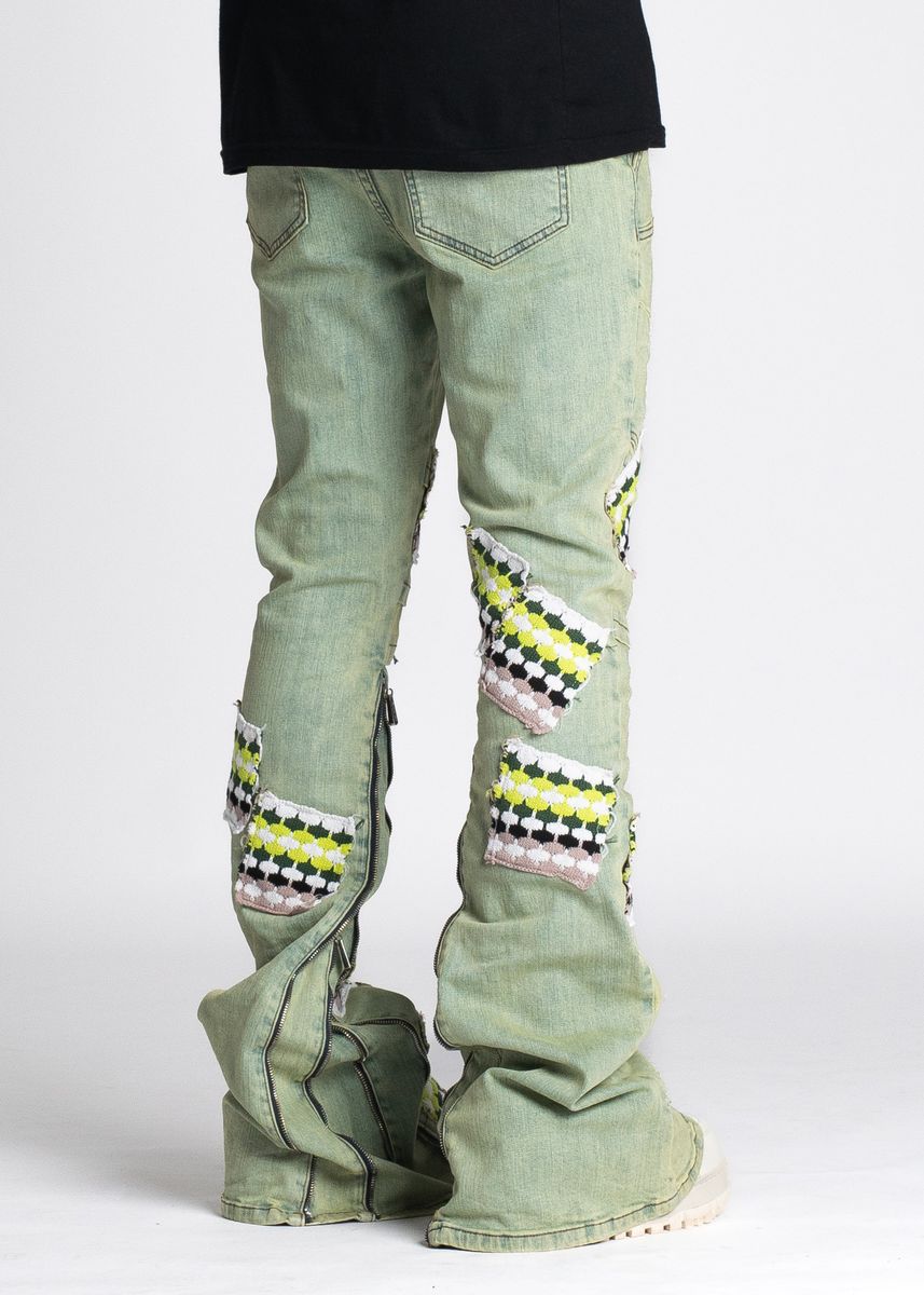 GUAPI SLIME GREEN KNIT PATCHES DENIM