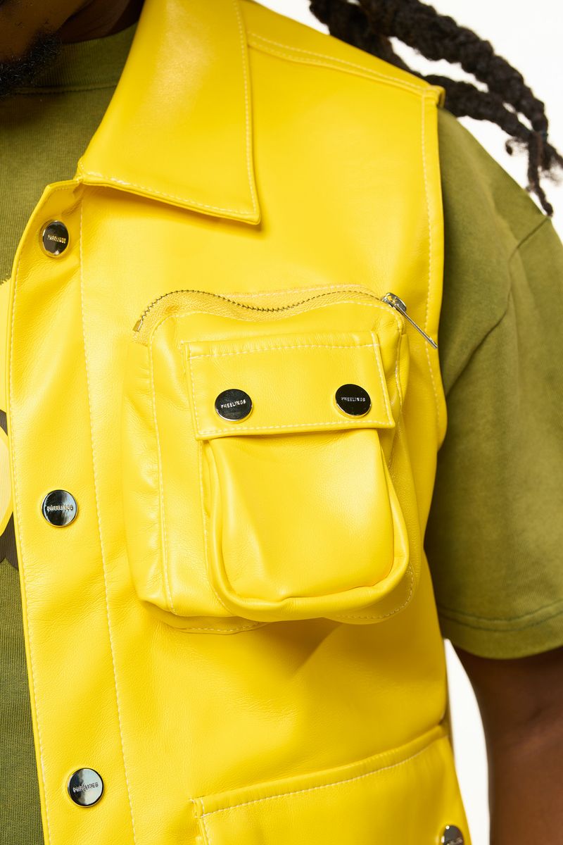 "FLOAT ON" YELLOW CARGO LEATHER VEST