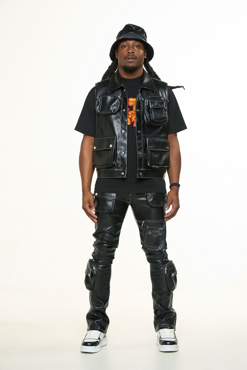 "FLOAT ON" BLACK CARGO LEATHER VEST