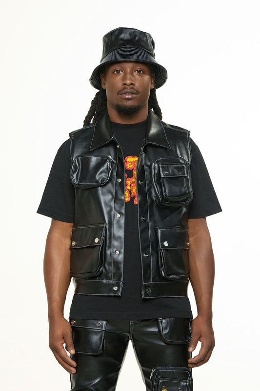 "FLOAT ON" BLACK CARGO LEATHER VEST