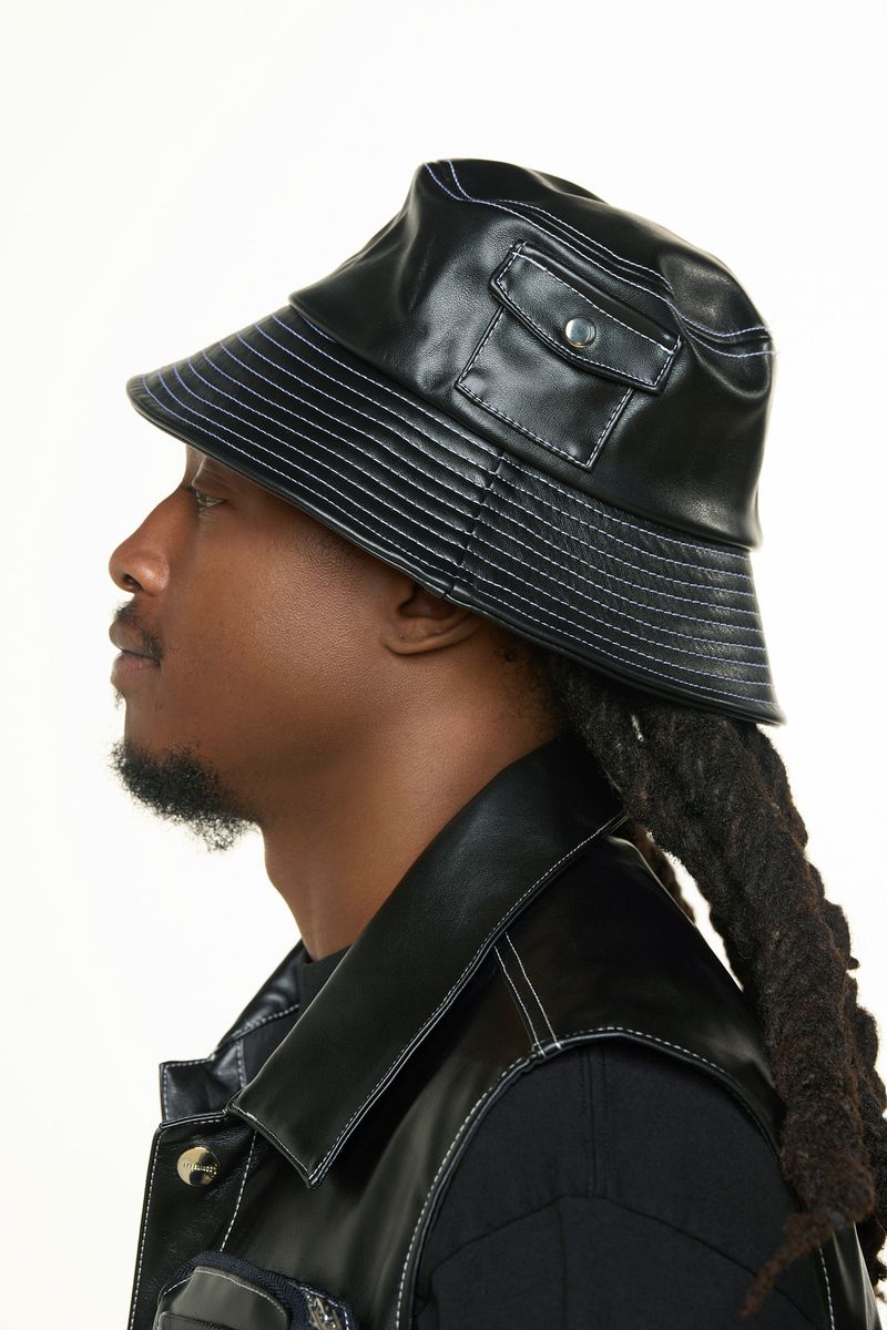 "FLOAT ON" BLACK CARGO LEATHER BUCKET HAT